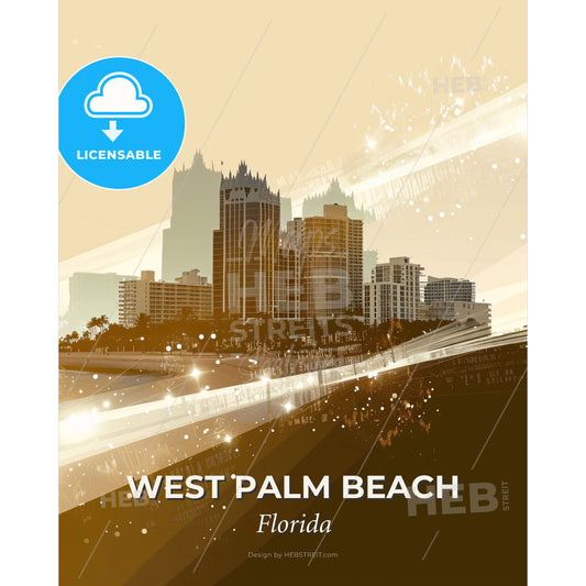 West Palm Beach Cityscape Skyline Sunset Reflection - A city skyline with lights and a beach - Square format print template