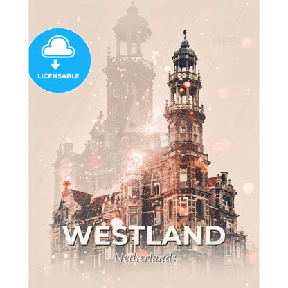 Westland Double Exposure Composite Art Skyline - A building with a tower - Square format print template