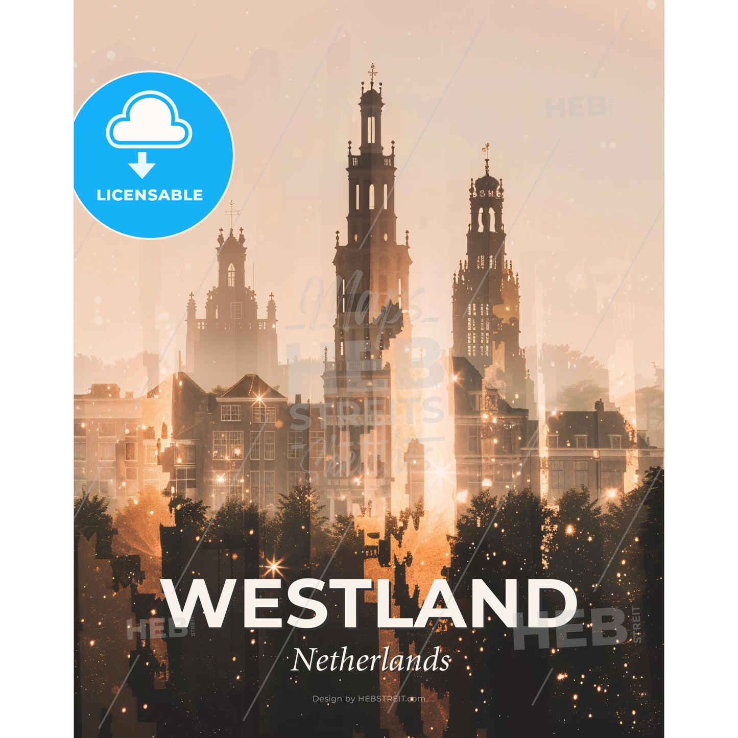 Westland Skyline Double Exposure Art Poster - A city skyline with many tall buildings - Square format print template