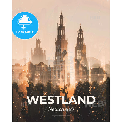 Westland Skyline Double Exposure Art Poster - A city skyline with many tall buildings - Square format print template