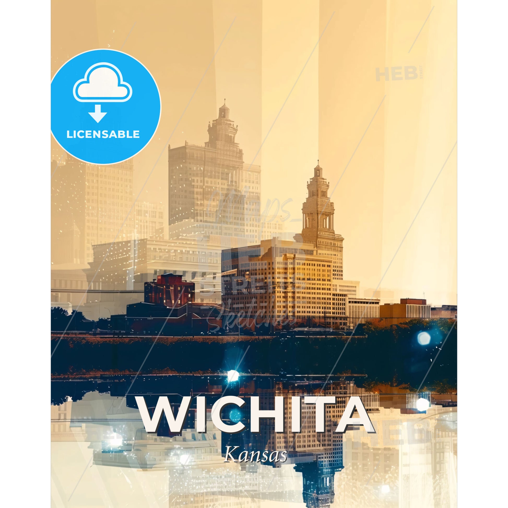 Wichita, Kansas: Where City and Architecture Sparkle - A city skyline with buildings and a body of water - Square format print template