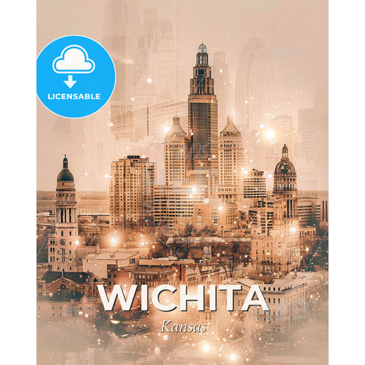 Wichita Cityscape Composite Silhouette Art Design - A city with many tall buildings - Square format print template