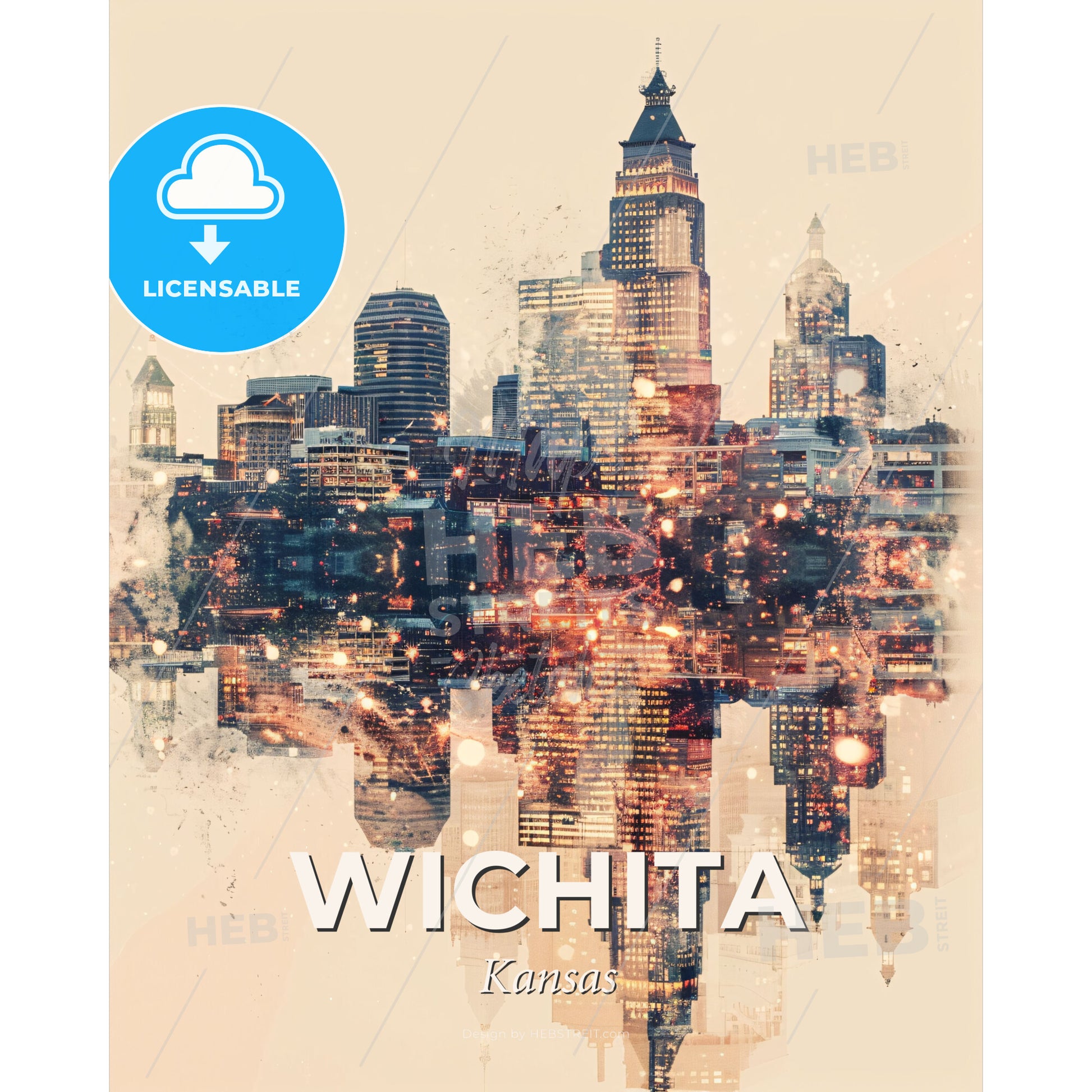 Wichita Skyline Panorama Art Deco Poster - A city skyline with lights - Square format print template