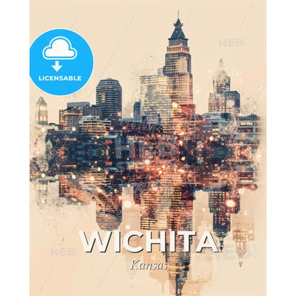 Wichita Skyline Panorama Art Deco Poster - A city skyline with lights - Square format print template