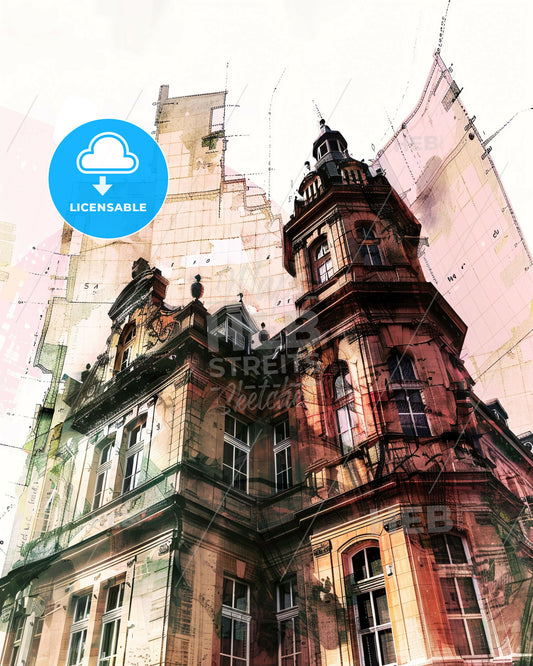 Wiesbaden Skyline Poster: Double Exposure Art - A building with a tower