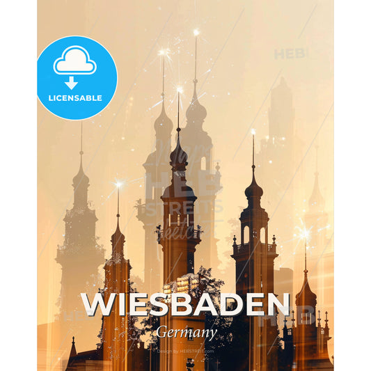 Wiesbaden City Skyline Double Exposure Art Poster - A building with towers and spires - Square format print template