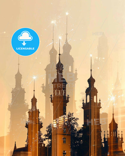 Wiesbaden City Skyline Double Exposure Art Poster - A building with towers and spires
