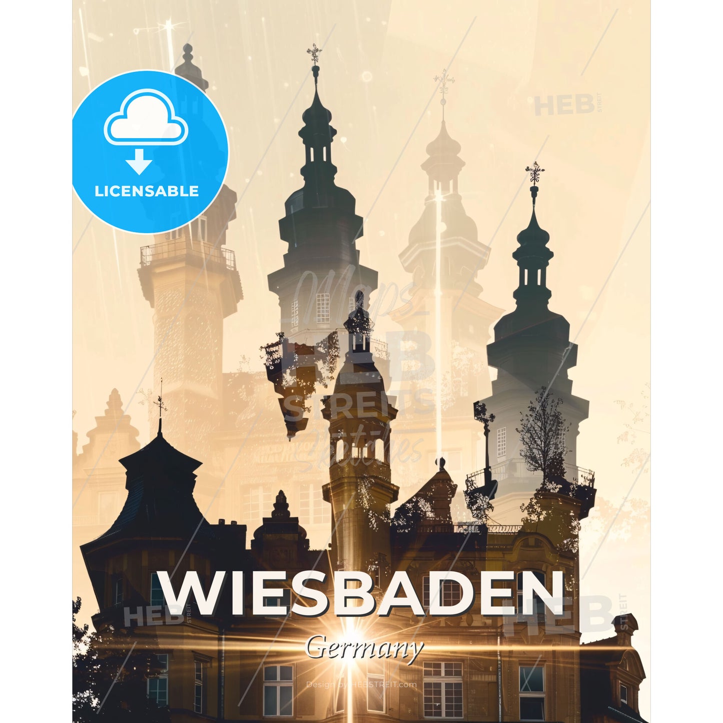 Wiesbaden Skyline Cityscape Double Exposure Poster Art - A building with towers and a sunburst - Square format print template