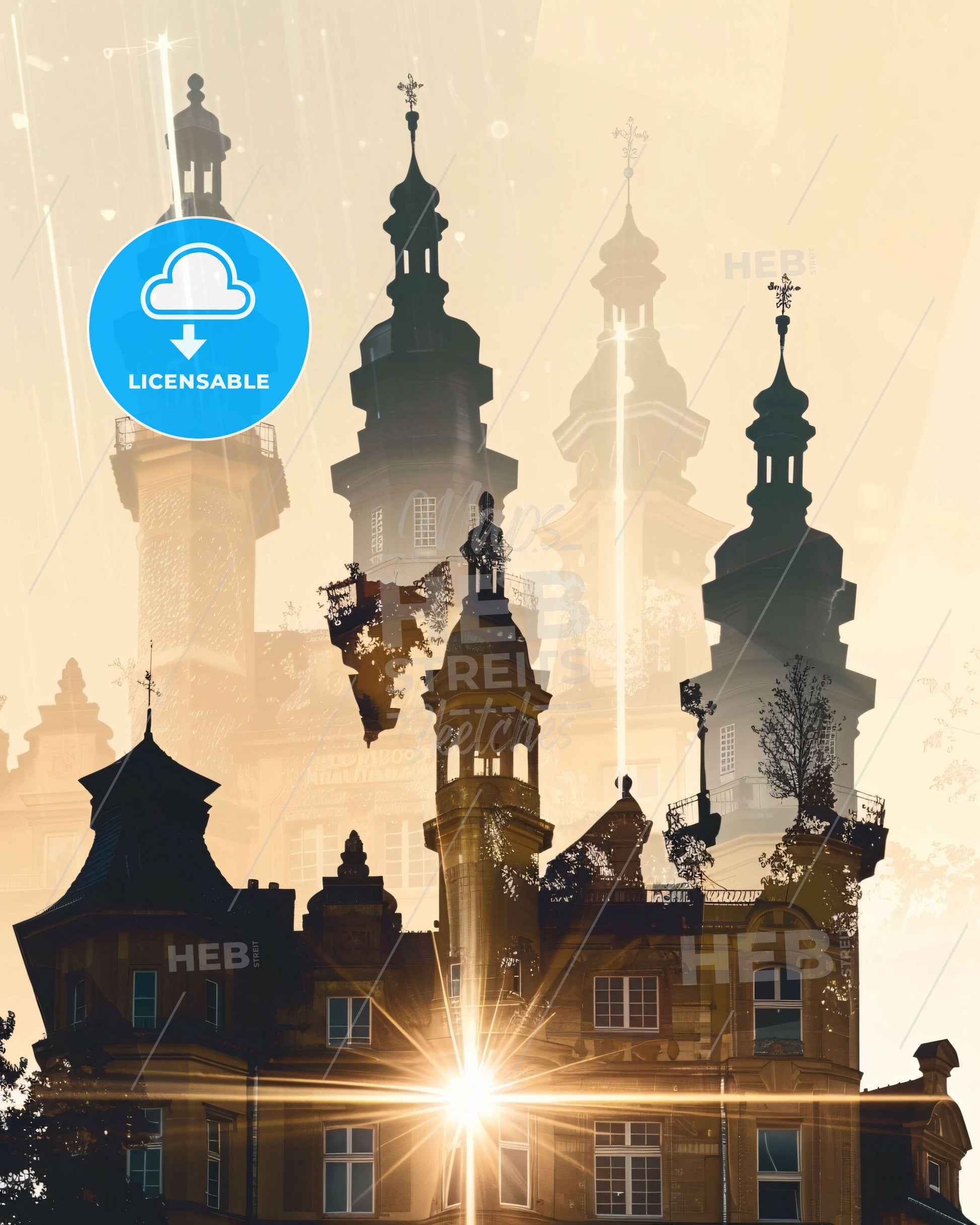 Wiesbaden Skyline Cityscape Double Exposure Poster Art - A building with towers and a sunburst