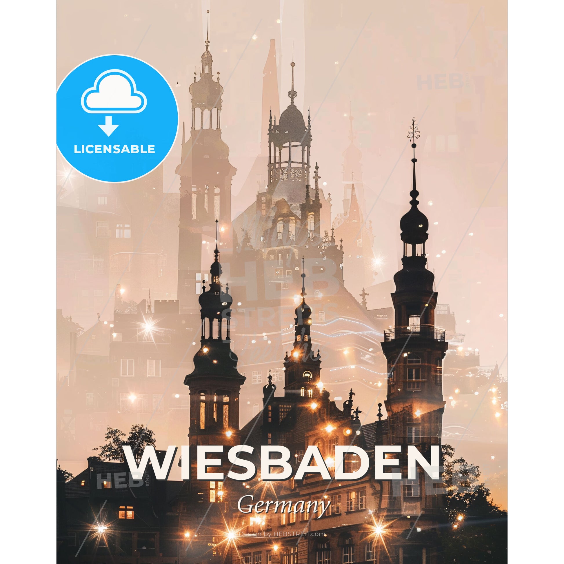 Wiesbaden Skyline Double Exposure Art Impressions - A building with towers and lights - Square format print template