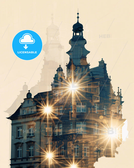 Wiesbaden Double Exposure Skyline Panorama Poster - A building with a tower and a light