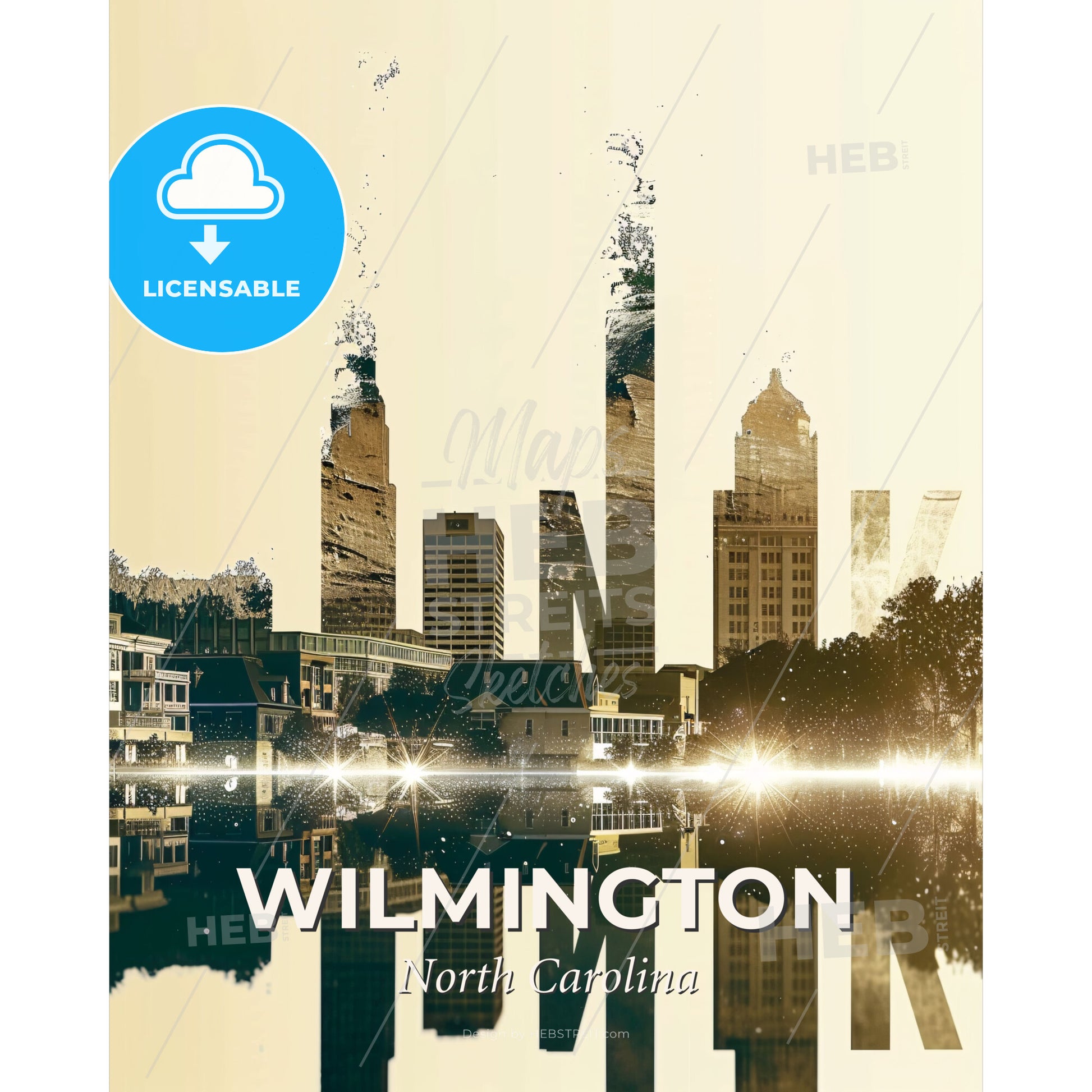 Wilmington City Skyline Double Exposure Art - A city skyline with buildings and trees - Square format print template