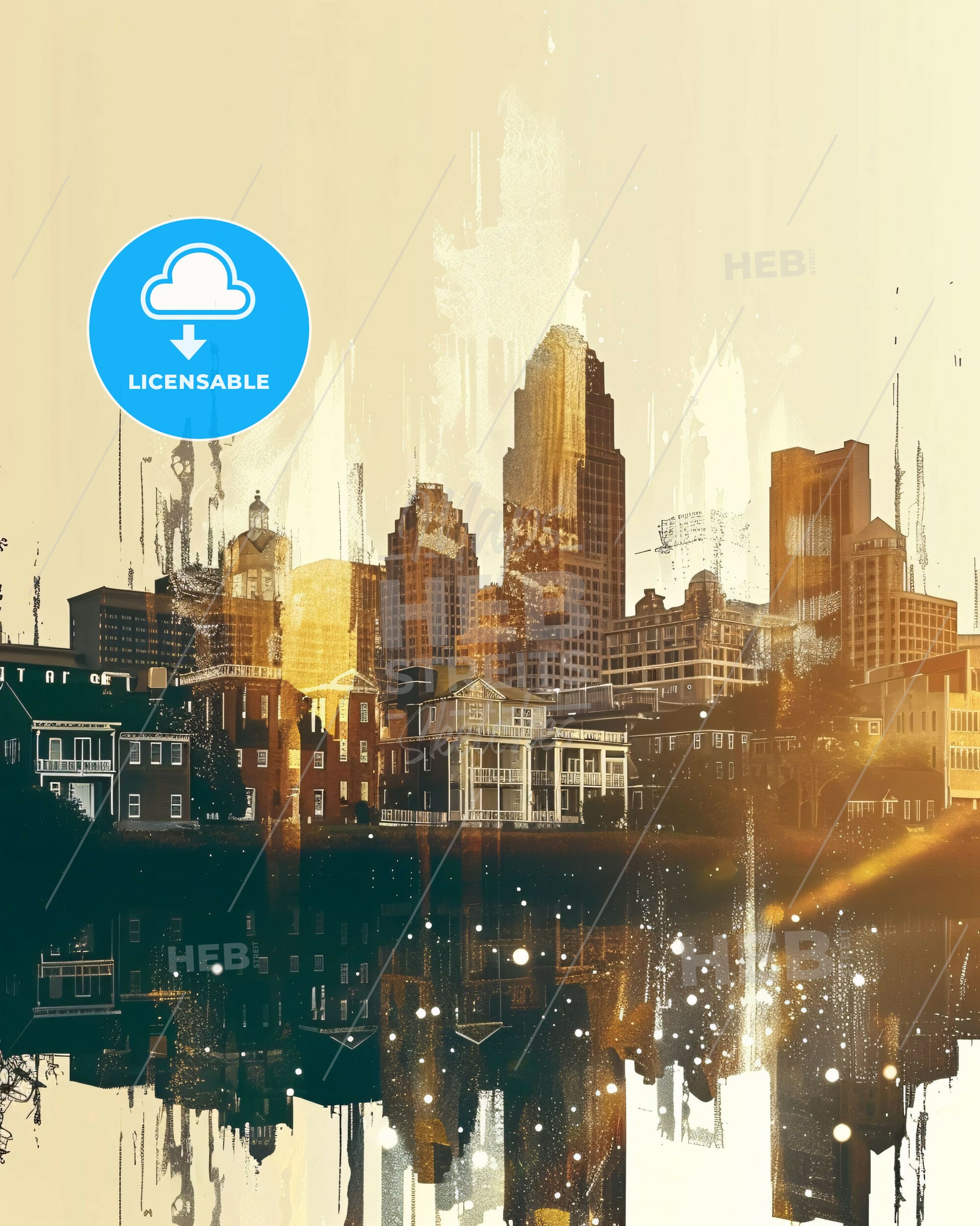 Wilmington NC Skyline Double Exposure Bright Beige - A city skyline with buildings and water