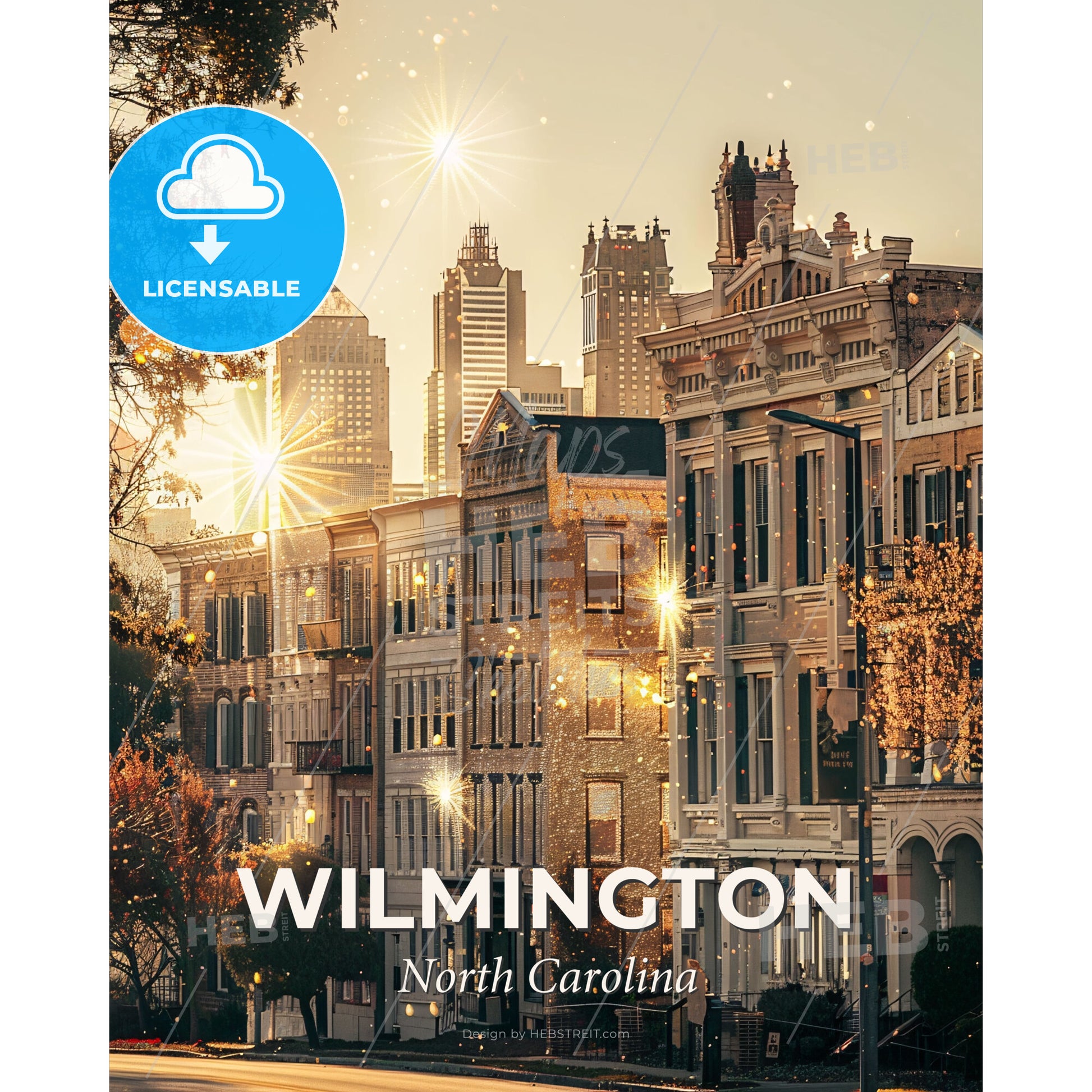 Wilmington Silhouette Skyline Cityscape Art Deco - A row of buildings with lights and trees in front of them - Square format print template