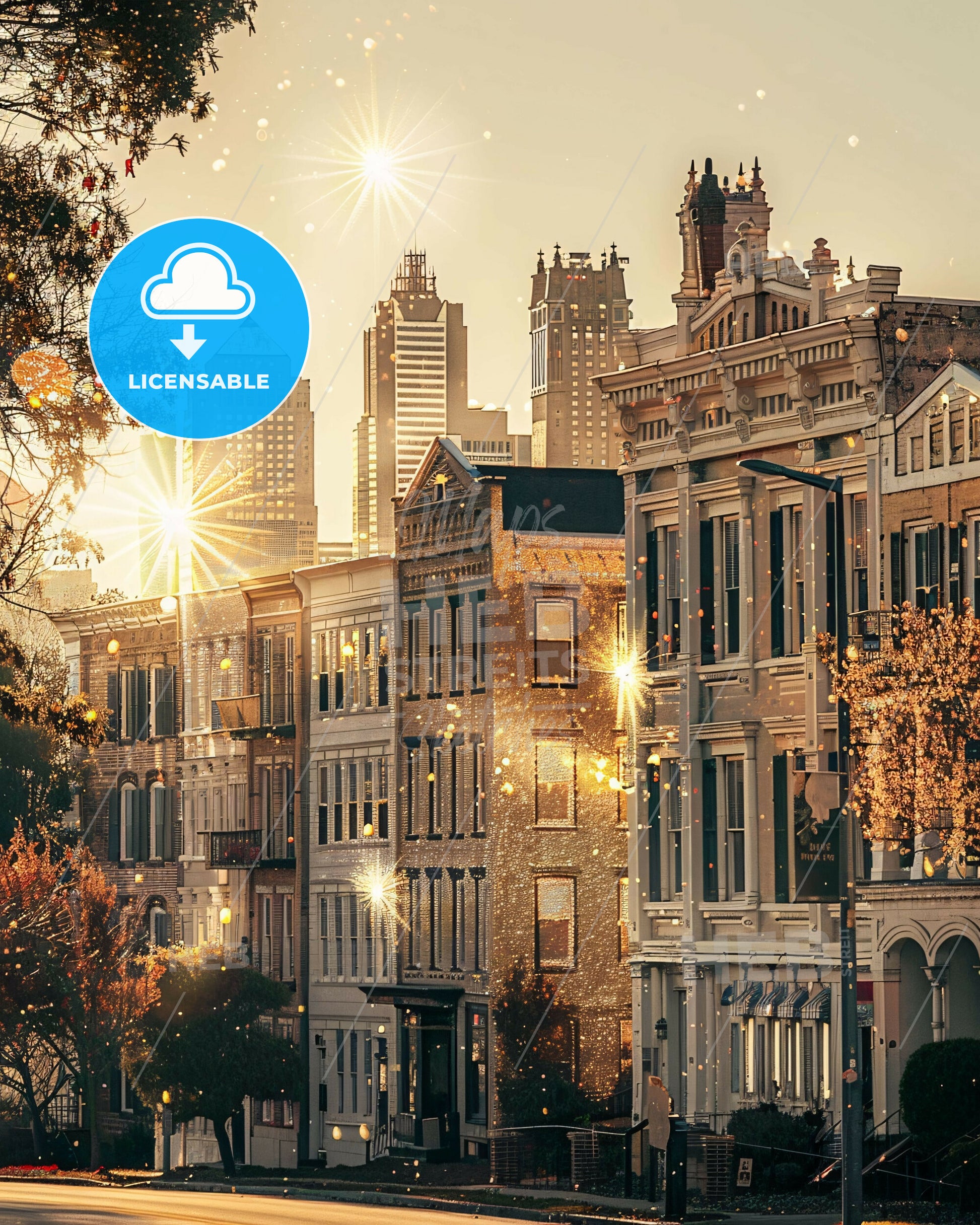 Wilmington Silhouette Skyline Cityscape Art Deco - A row of buildings with lights and trees in front of them