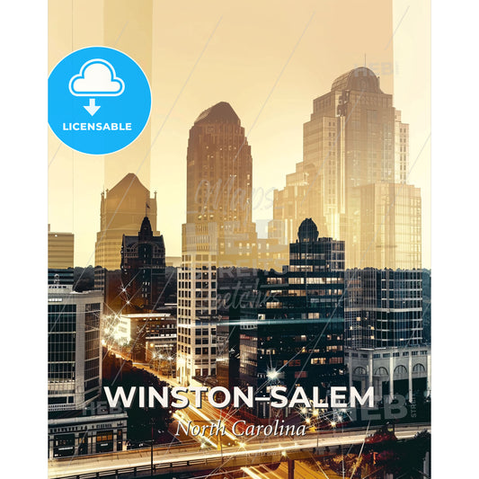 Winston-Salem Skyline Double Exposure Art Poster - A city skyline with many tall buildings - Square format print template