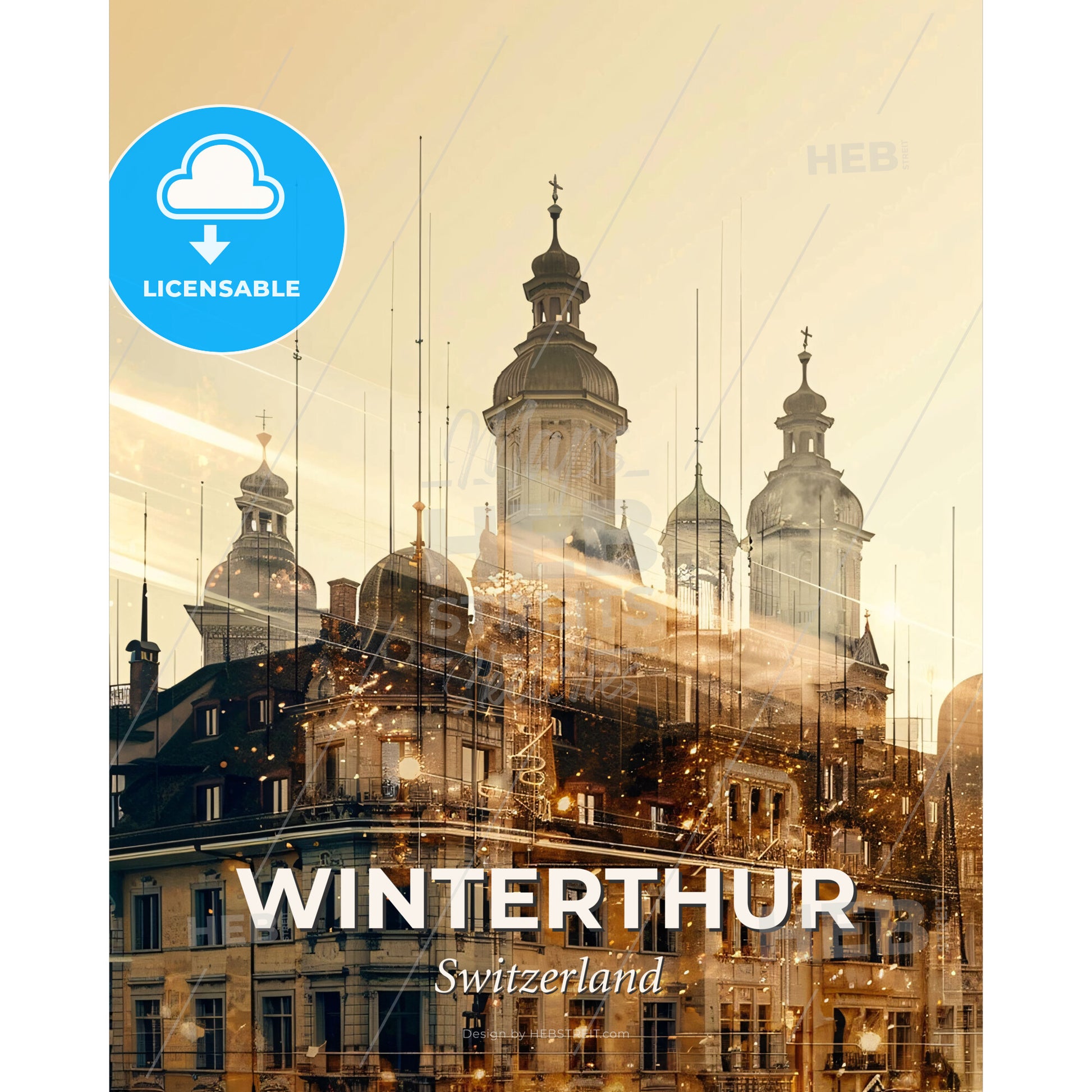 Winterthur Skyline Cityscape Composite Poster - A building with towers and a city skyline - Square format print template