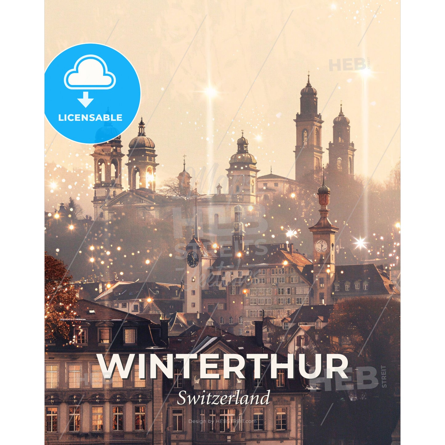 Winterthur Skyline Composite Art with Local Colors - A city with many towers and a clock tower - Square format print template