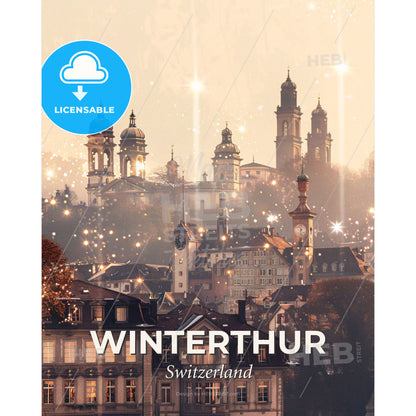 Winterthur Skyline Composite Art with Local Colors - A city with many towers and a clock tower - Square format print template