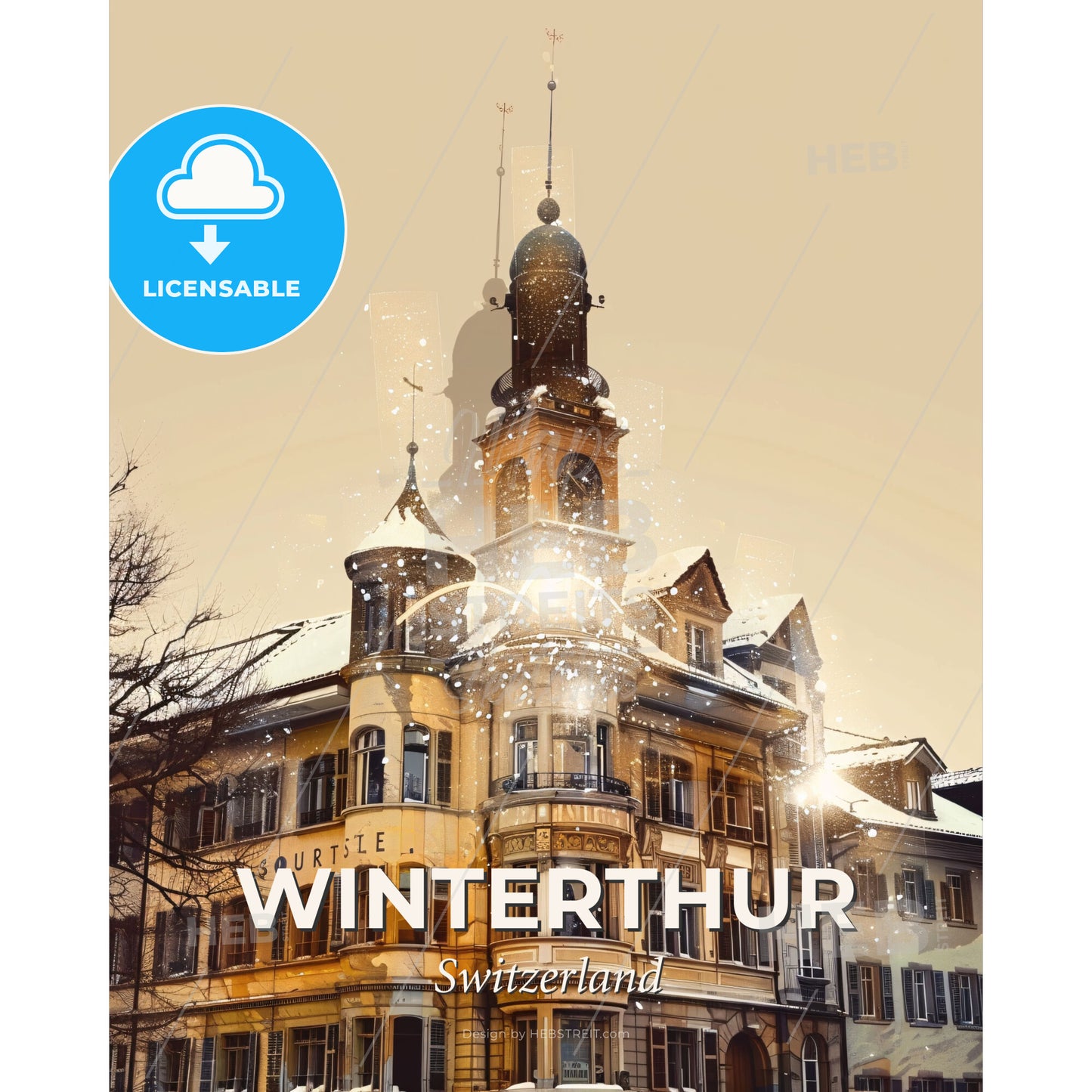 Winterthur: City Skyline Double Exposure Art - A building with a tower and snow - Square format print template