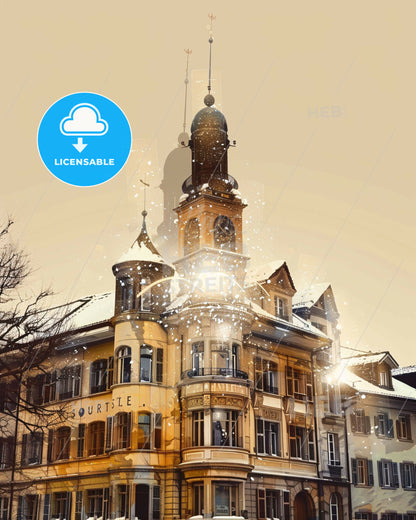 Winterthur: City Skyline Double Exposure Art - A building with a tower and snow