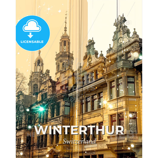 Winterthur Cityscape Architecture Silhouette Poster - A building with a tower - Square format print template