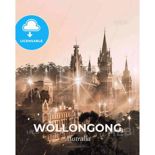 Wollongong City Skyline Sunset Composite Artwork - A city with many towers and trees - Square format print template