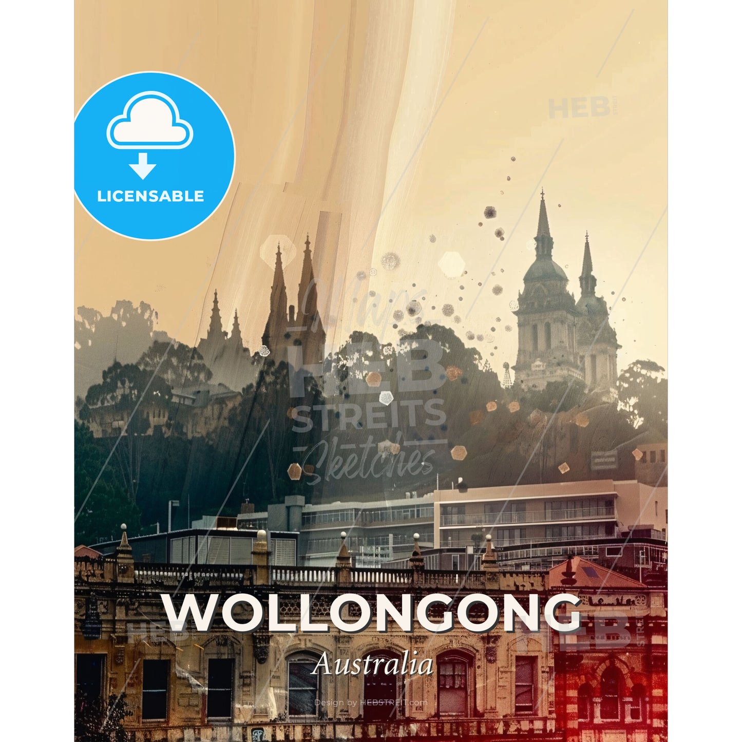 Wollongong Skyline Art Print with Vibrant Local Colors - A city with buildings and trees - Square format print template