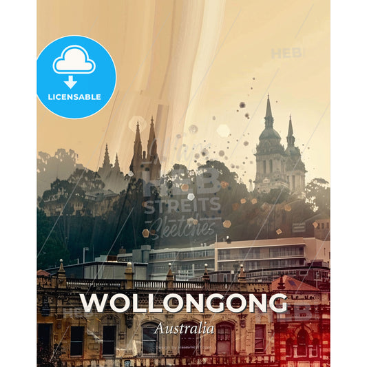Wollongong Skyline Art Print with Vibrant Local Colors - A city with buildings and trees - Square format print template