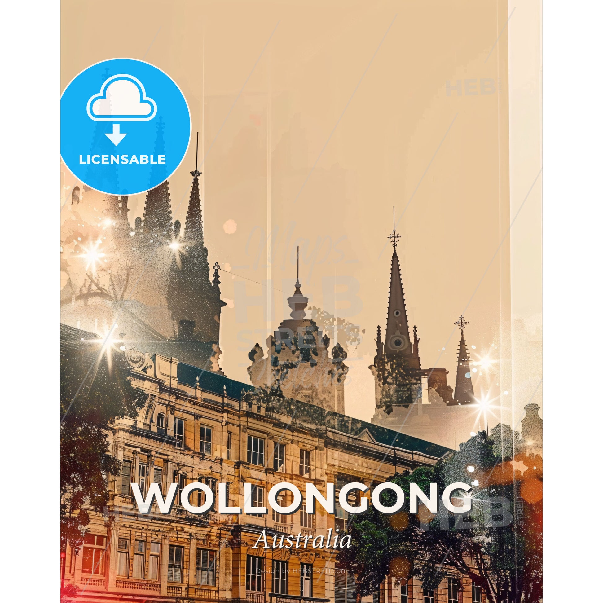 Wollongong Cityscape Splendor in Beige - A building with spires and trees - Square format print template