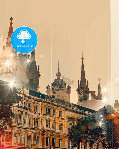 Wollongong Cityscape Splendor in Beige - A building with spires and trees