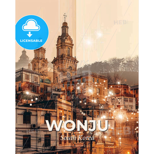 Wonju Skyline: Double Exposure Art Poster - A city with many buildings and lights - Square format print template
