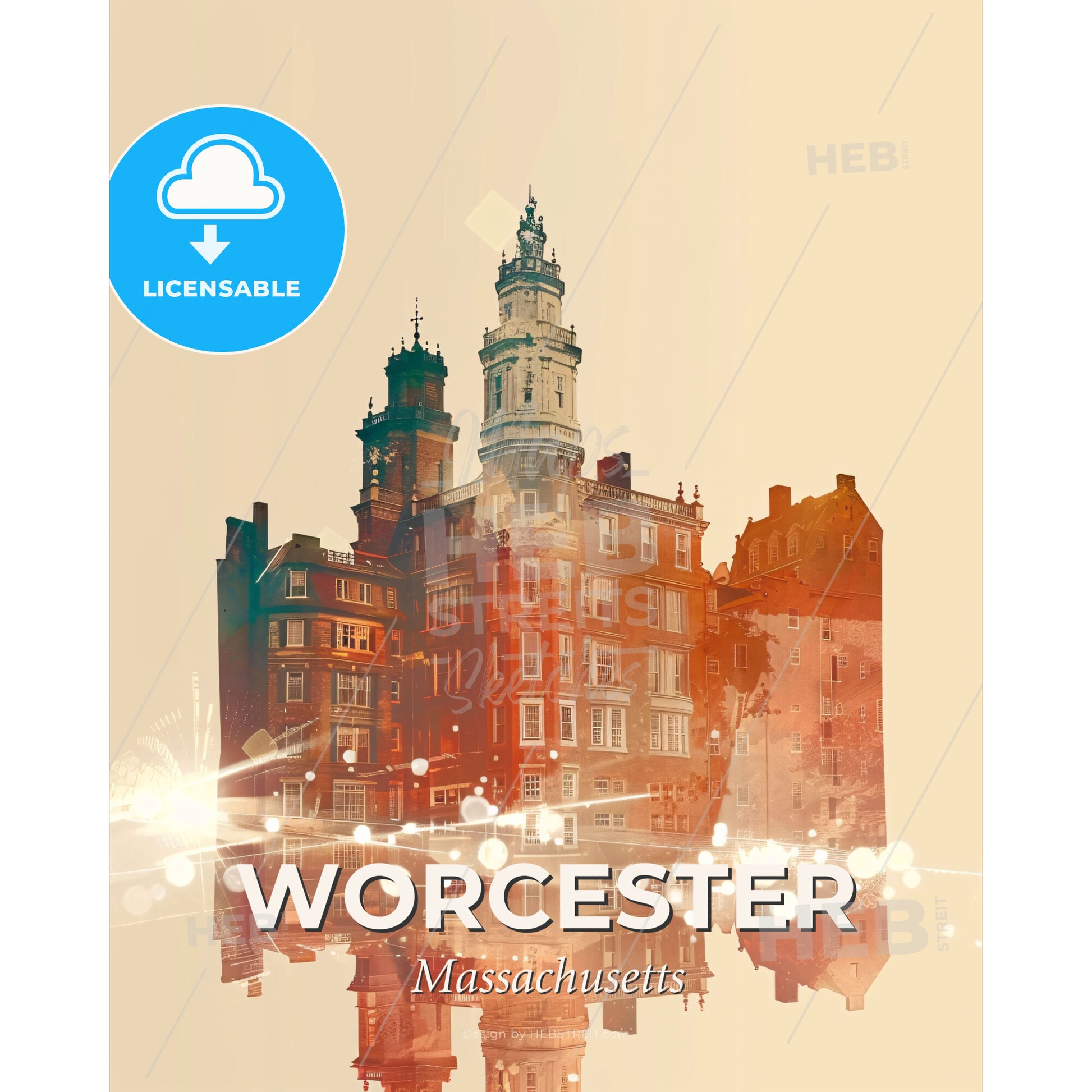 Worcester City Skyline Composite Art: Local Landmarks - A building with a tower and a tower - Square format print template