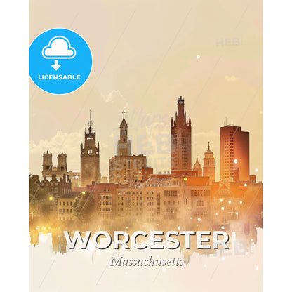 Worcester Skyline Composite Art - Bright & Sparkly - A city skyline with many buildings and trees - Square format print template
