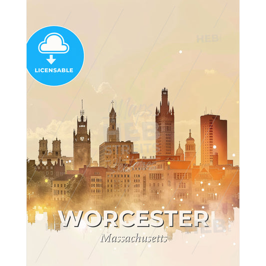 Worcester Skyline Composite Art - Bright & Sparkly - A city skyline with many buildings and trees - Square format print template