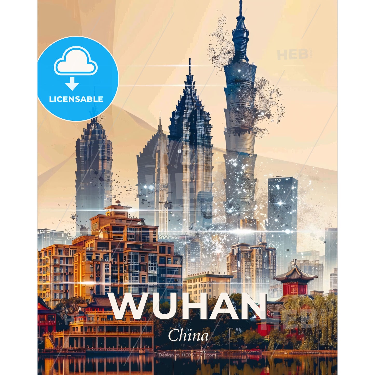 Wuhan Skyline Double Exposure Art Poster - A city with many tall buildings - Square format print template
