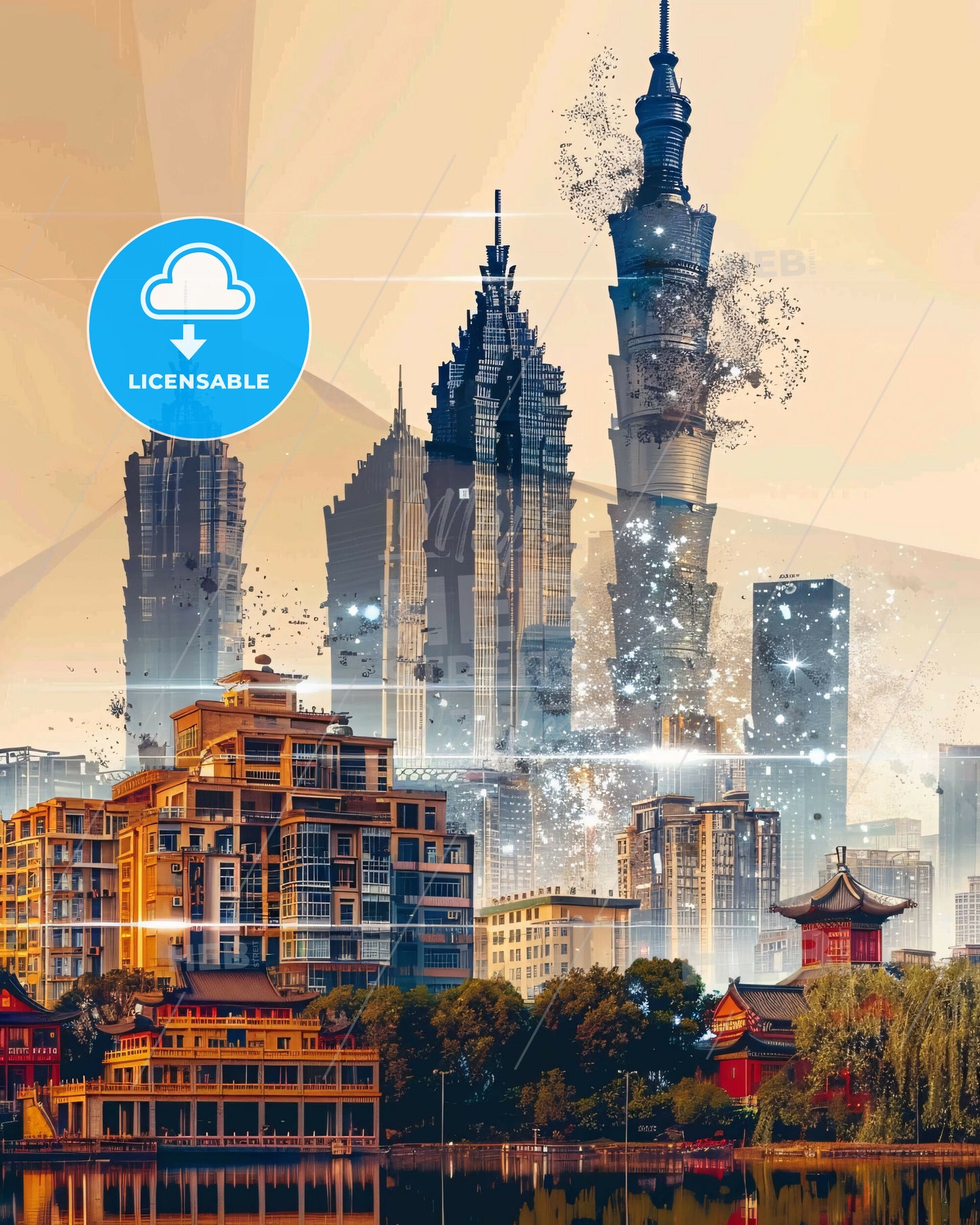 Wuhan Skyline Double Exposure Art Poster - A city with many tall buildings