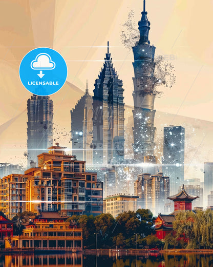 Wuhan Skyline Double Exposure Art Poster - A city with many tall buildings