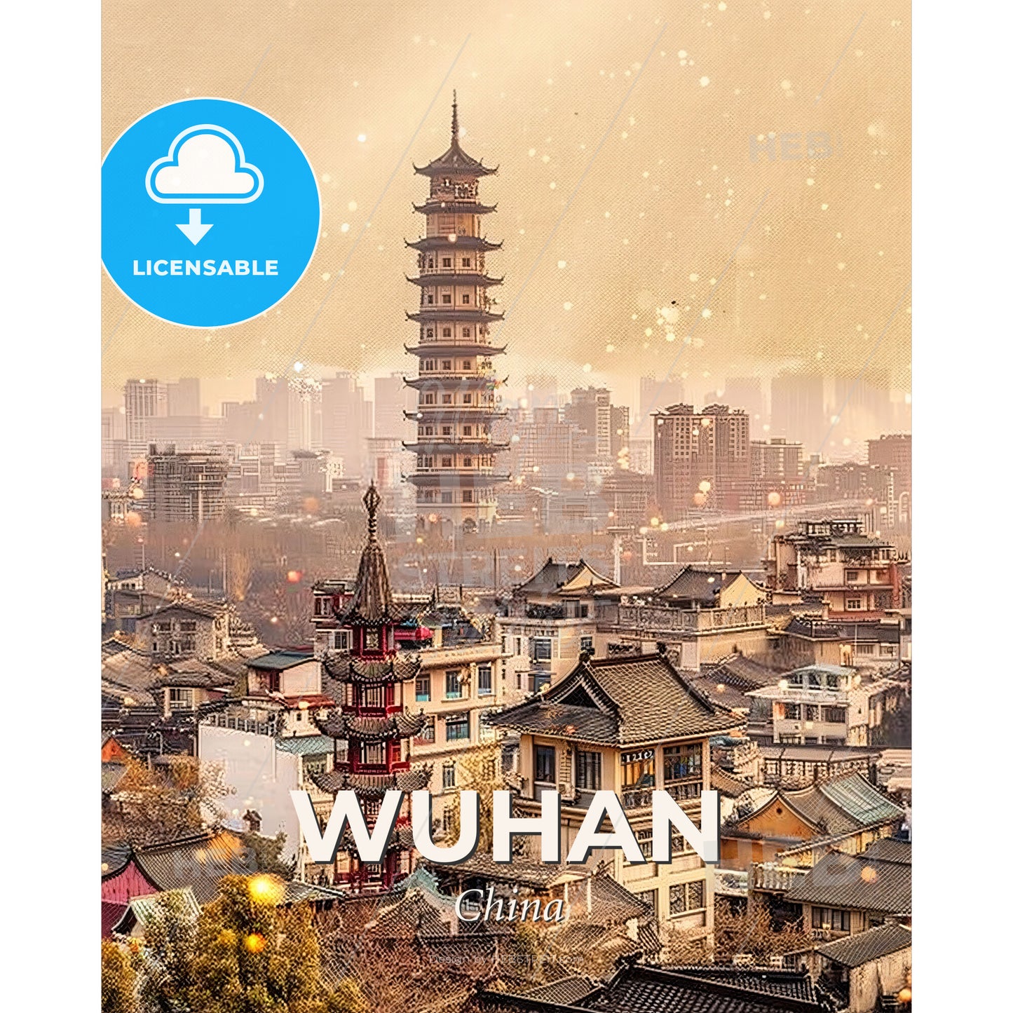Wuhan: Chinese Skyline Reflections - A tall tower in a city - Square format print template