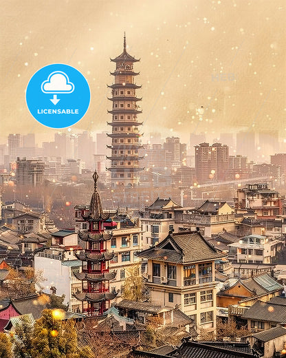 Wuhan: Chinese Skyline Reflections - A tall tower in a city