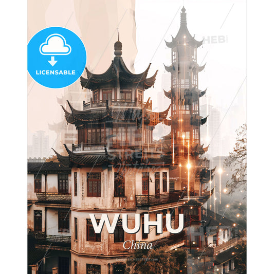 Wuhu Skyline Poster Art Double Exposure - A building with a tower - Square format print template