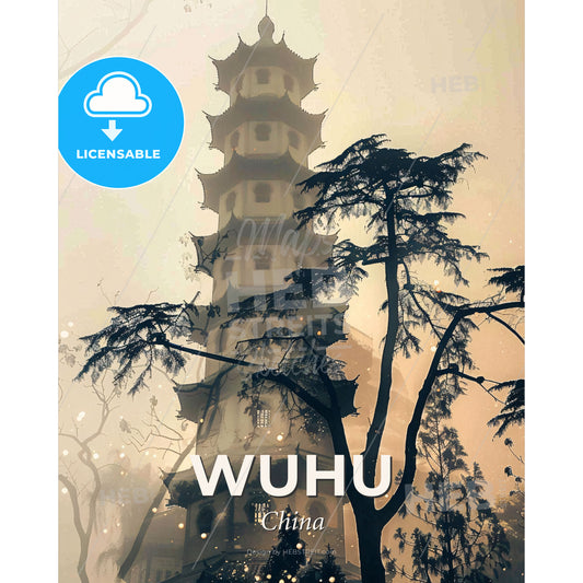 Wuhu Skyline Double Exposure Art - A tall building with trees in the background - Square format print template