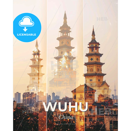 Wuhu City Skyline in Vibrant Double Exposure Art - A multiple exposure of a tall building - Square format print template