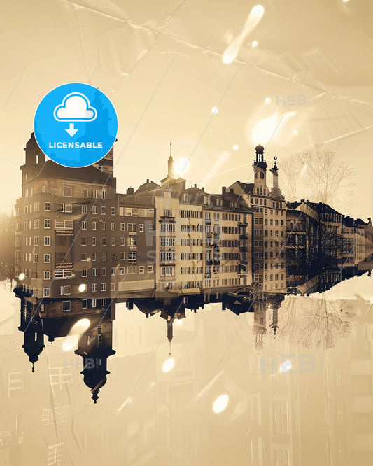 Wuppertal City Skyline Poster: Silhouettes, Lights, Blisters - A building reflected in water