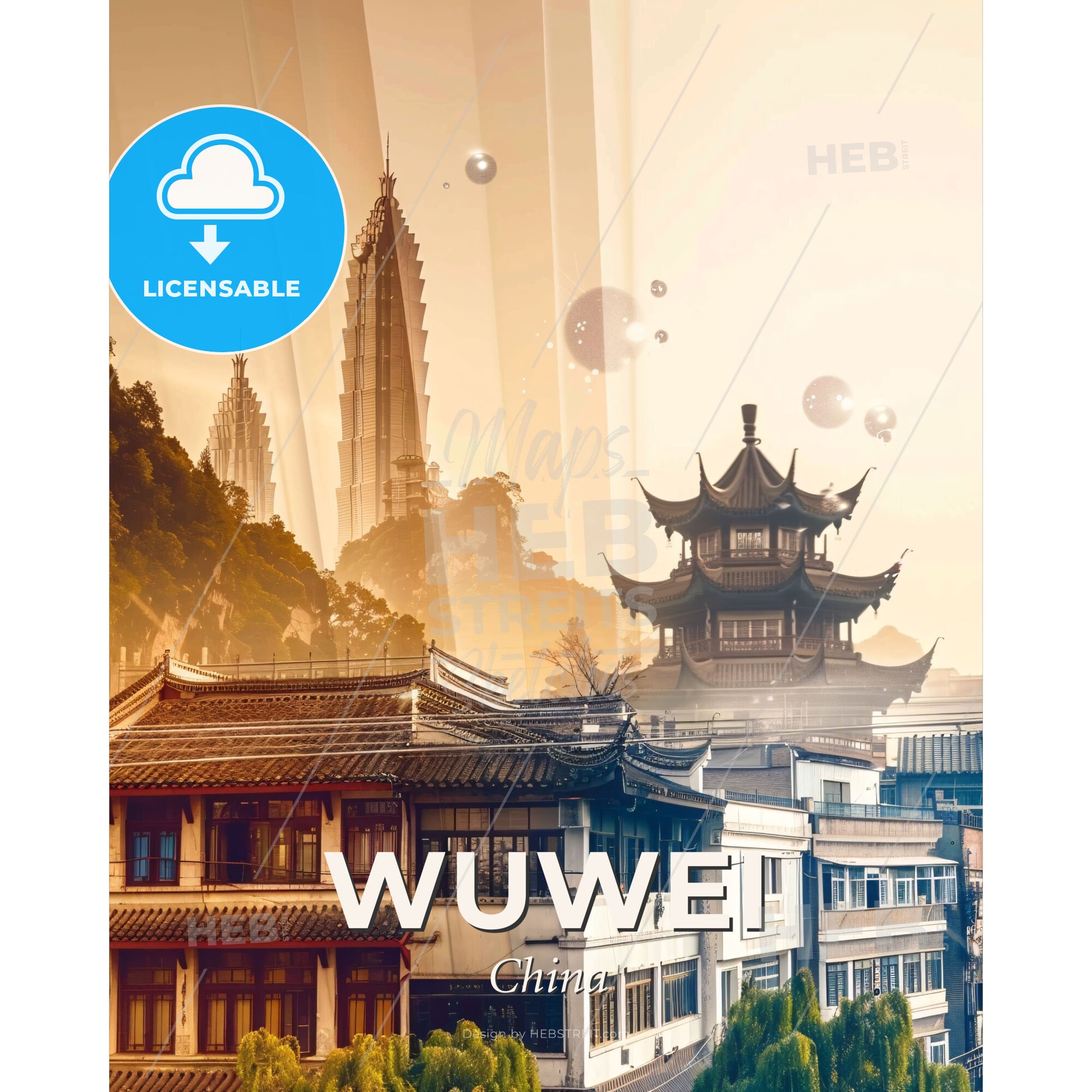 Wuwei City Skyline Art Poster - A city with buildings and a tall building - Square format print template