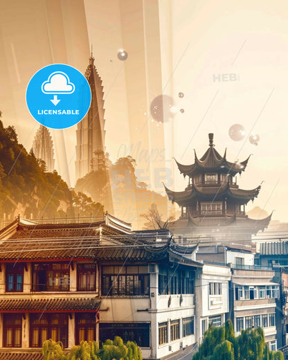 Wuwei City Skyline Art Poster - A city with buildings and a tall building