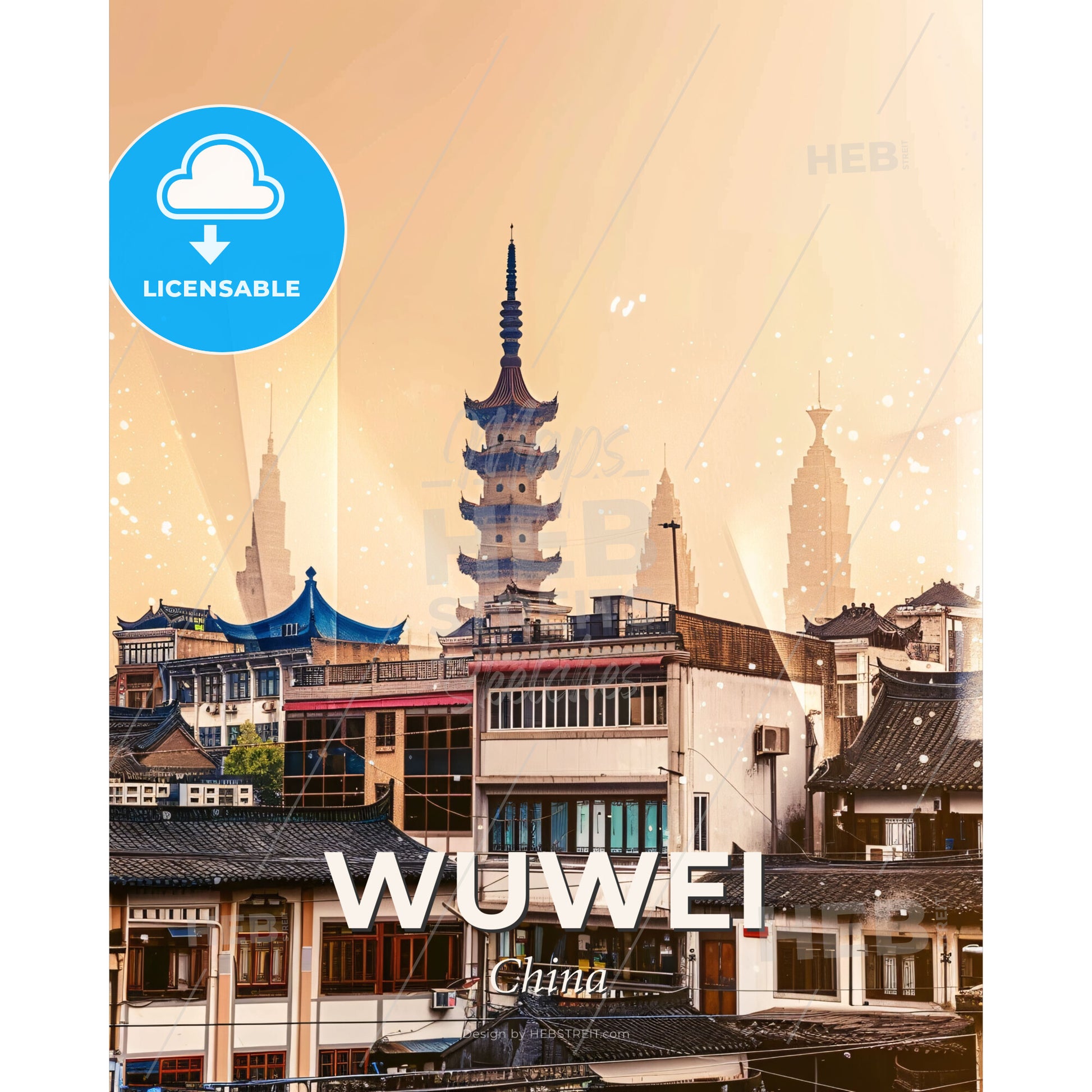 Wuwei, China: Double Exposure Cityscape Art - A city with a tall tower - Square format print template