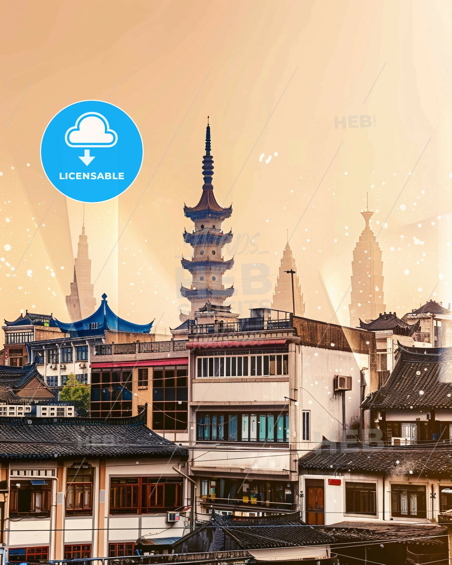 Wuwei, China: Double Exposure Cityscape Art - A city with a tall tower