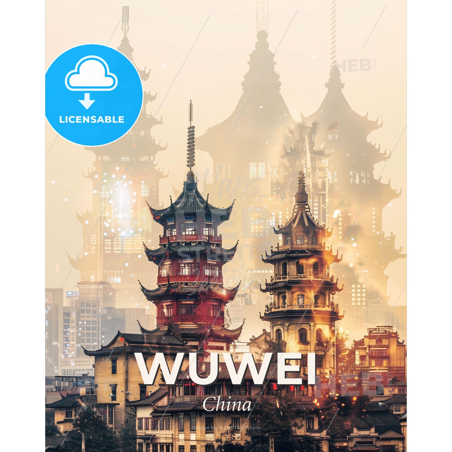 Wuwei City Composite Art Skyline Poster - A tall buildings with a city in the background - Square format print template
