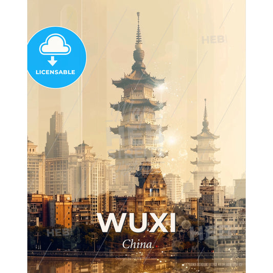 Wuxi China Skyline Poster, Double Exposure - A city with tall buildings - Square format print template